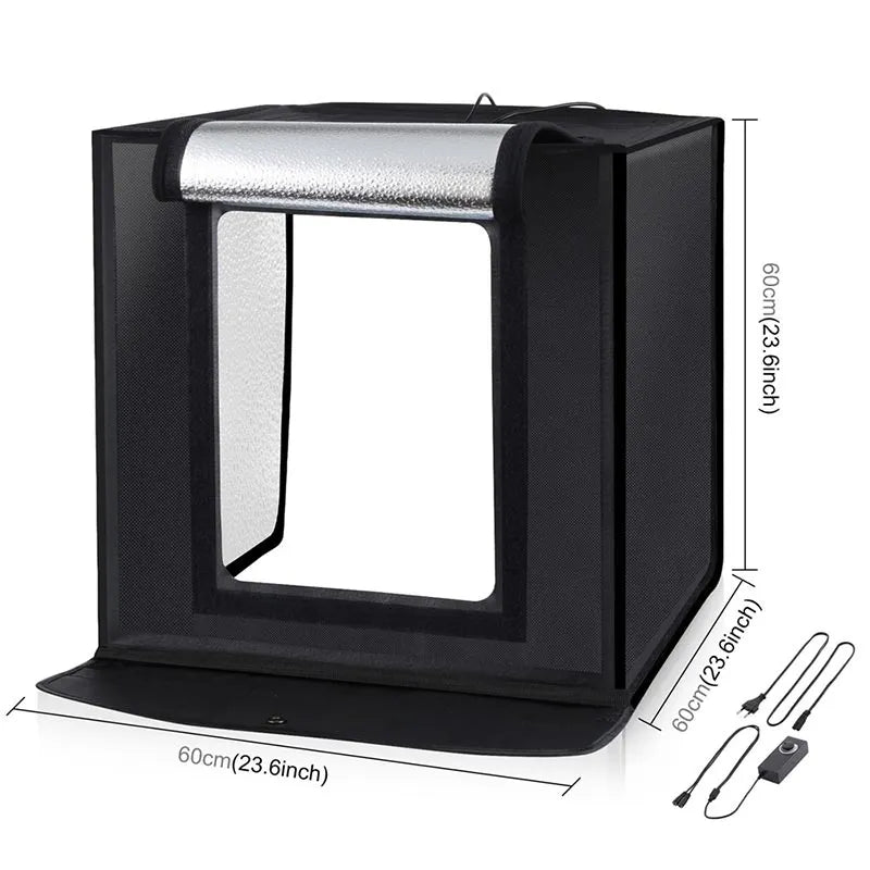 Cutie foto profesională / cort pentru fotografiere de produse 60x60x60cm, cu iluminare inclusă și 6 fundaluri
