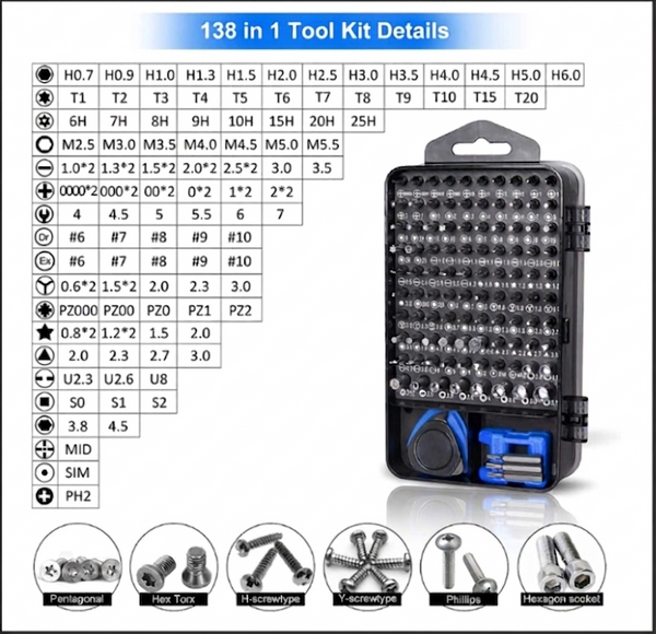 Set trusa surubelnita precizie cu 138 piese, biti otel, maner ergonomic