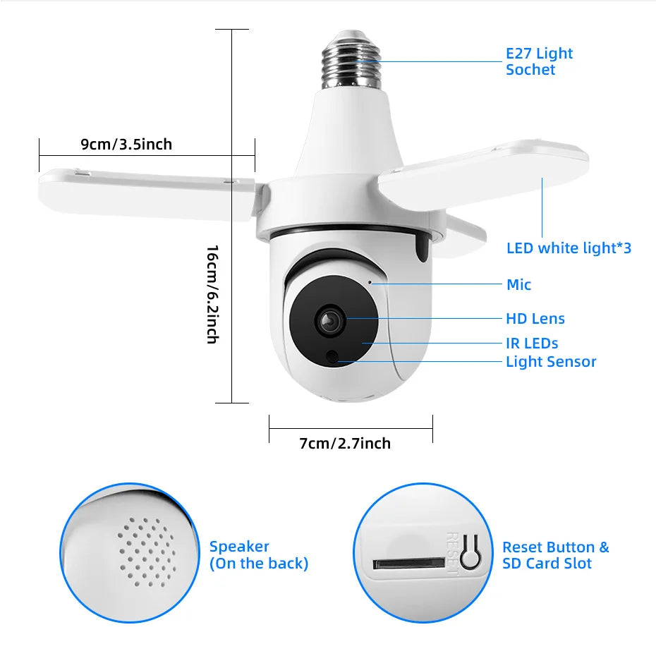 Camera de supraveghere tip bec E27, 4MP HD, WiFi/4G, PTZ 360, audio bidirectional, night vision