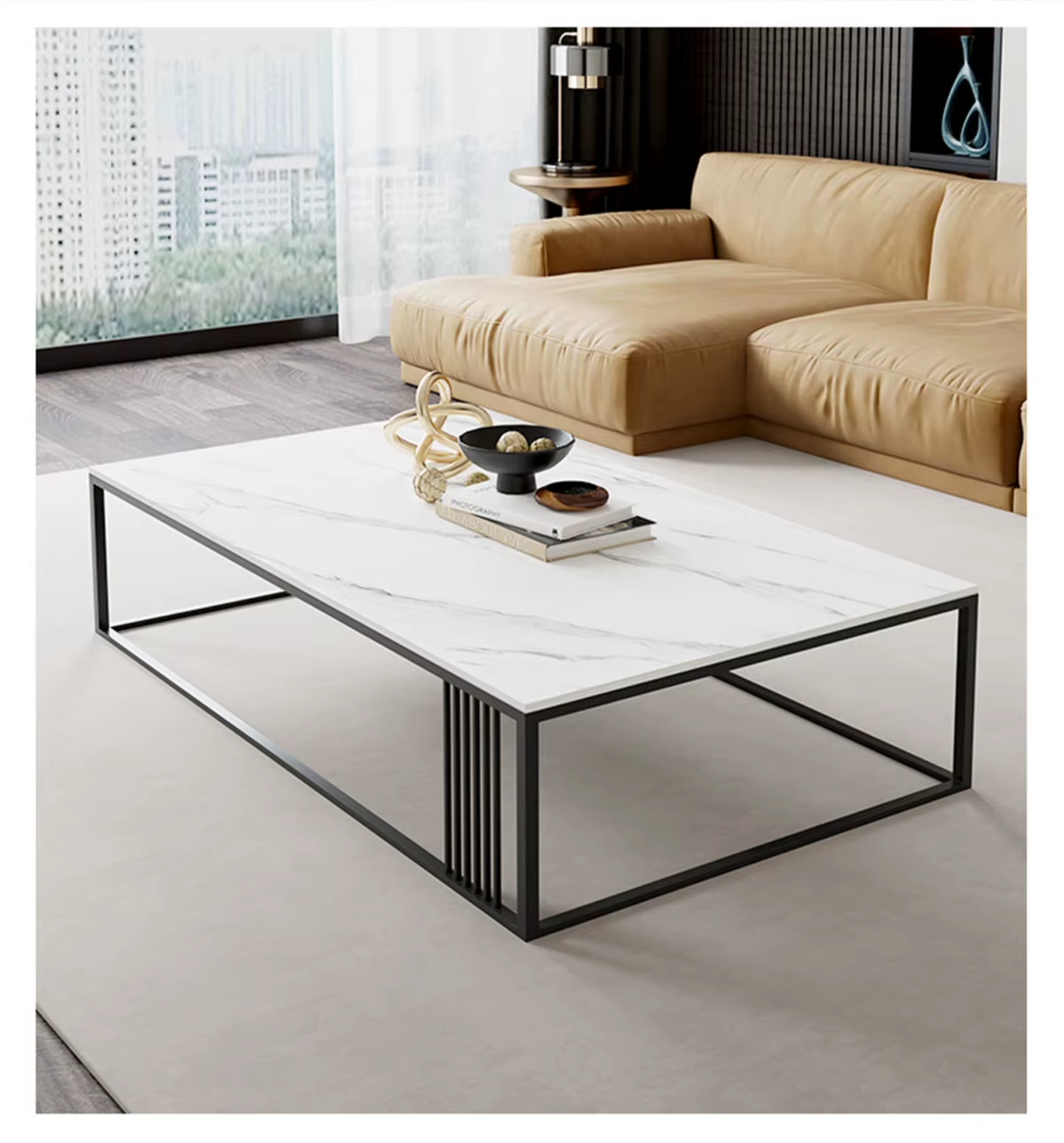 RESIGILAT - Masuta de cafea dreptunghiulara, minimalista, design nordic, aspect marmura alba, 120x60x43cm