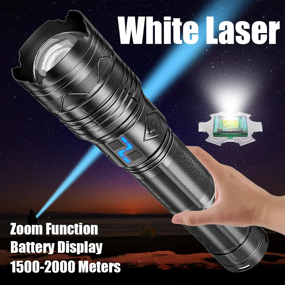 Lanterna profesionala cu LED laser, incarcare Type-C, 4 acumulatori inclusi, afisaj baterie, distanta iluminare pana la 1000 m,
