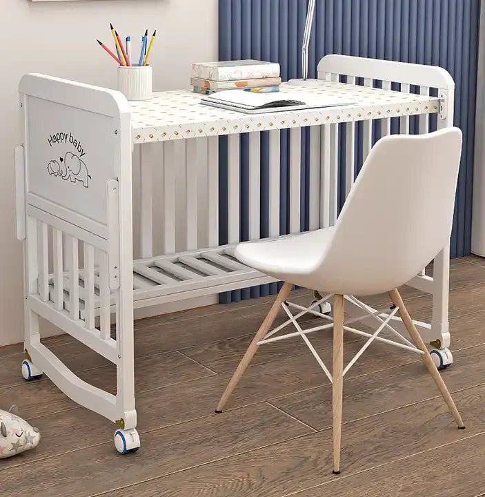 Pătuț bebe din lemn alb cu plasă de țânțari, saltea, pilotă și covoraș-pat nou-născuți multifuncțional, 118x68cm