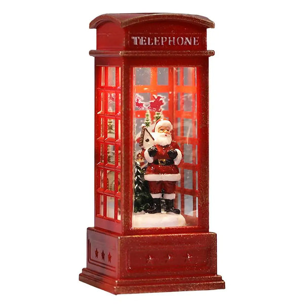 Decoratiune De Craciun Tip Cabina Telefonica cu Mos Craciun Si Brad, Cadouri, Functie Muzicala, Lumini Si Ninsoare Automata, Cu Apa, Lumina Calda, Usb sau Baterii, Led