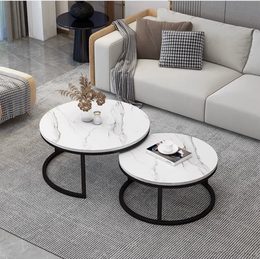 Set 2 masute rotunde de cafea cu efect de marmura, diametru 70/50 cm, blat MDF, cadru metalic