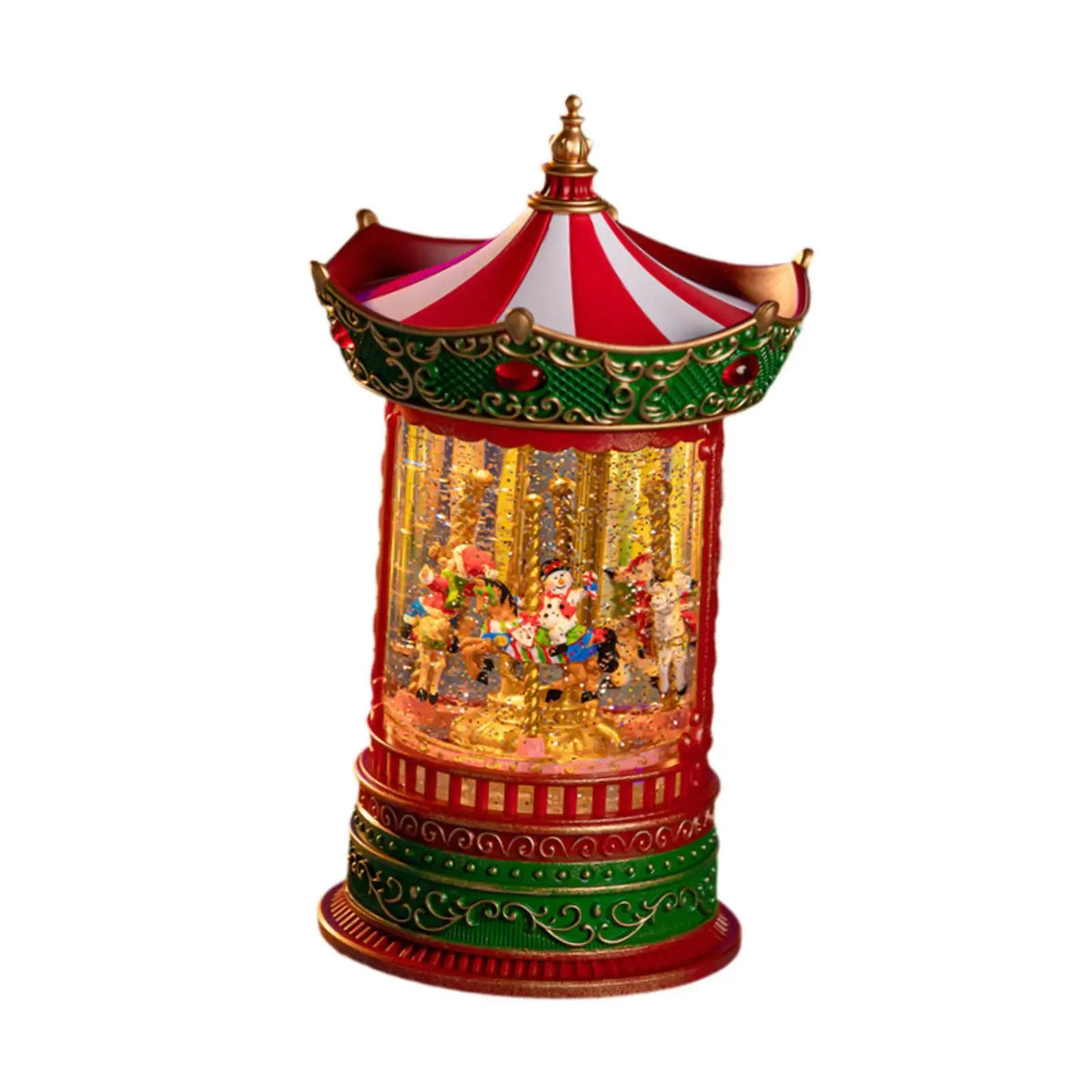 Glob de zapada muzical cu carusel de Craciun, premium,cu lumini LED, efect de ninsoare si figurine Mos Craciun si Om de Zapada