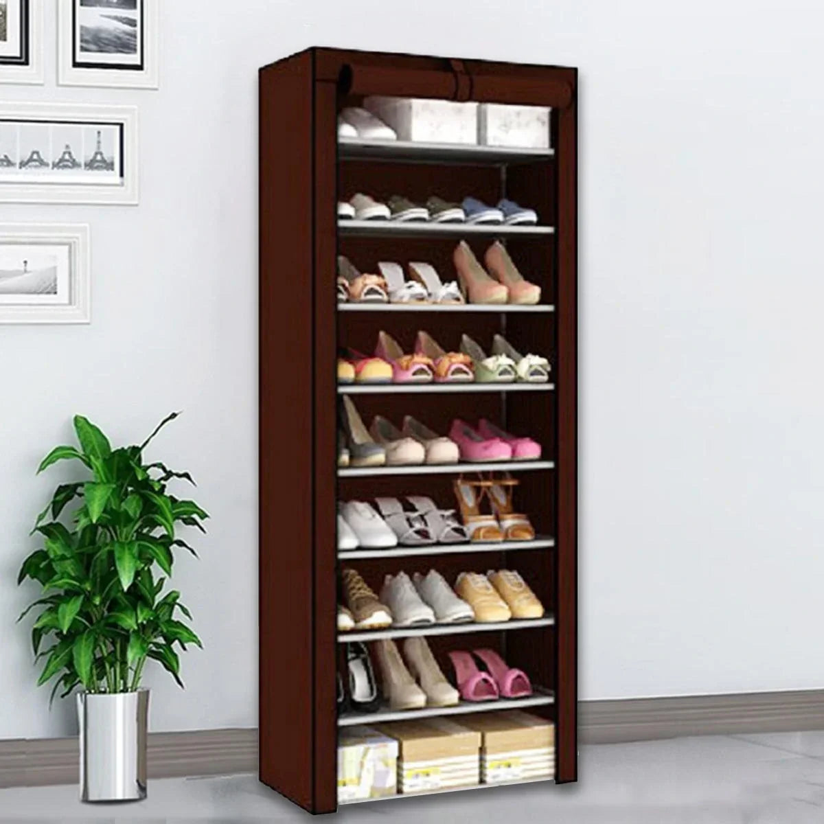 Suport pantofi 27 perechi 9 rafturi, cadru otel, invelis textil, 160x61.5x31.5, inchidere cu fermoar