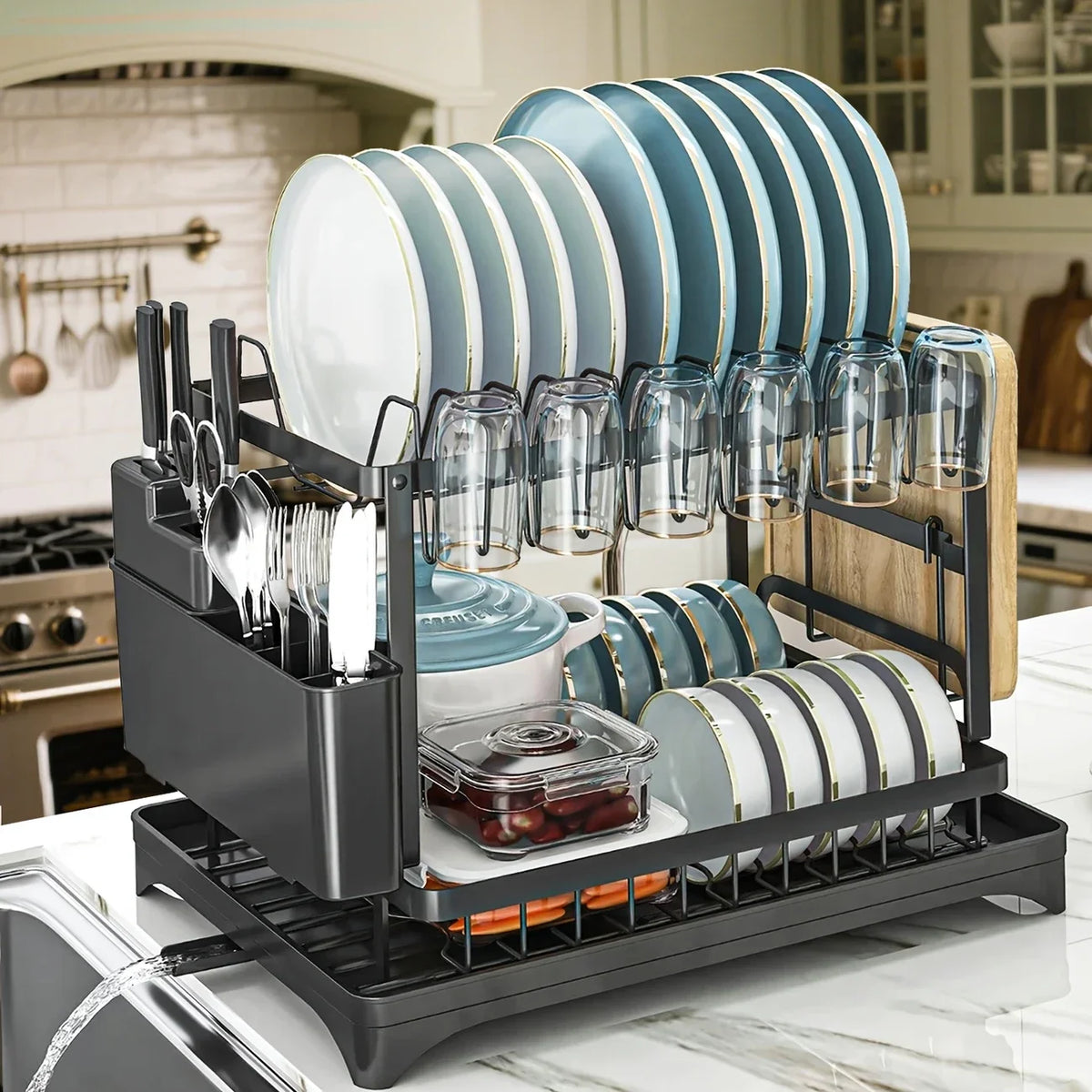 RESIGILAT - Scurgator vase, design auto-draining, organizator compact, negru, 42x30x29cm