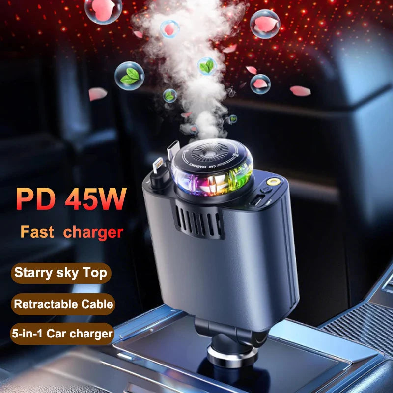 Incarcator Auto Retractabil 5 in 1, 45W PD, difuzor de parfum integrat, lumina ambientala