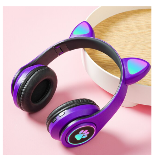 RESIGILAT - Casti wireless pliabile cu urechi de pisica iluminate LED, Bluetooth 5.0, Bass Stereo