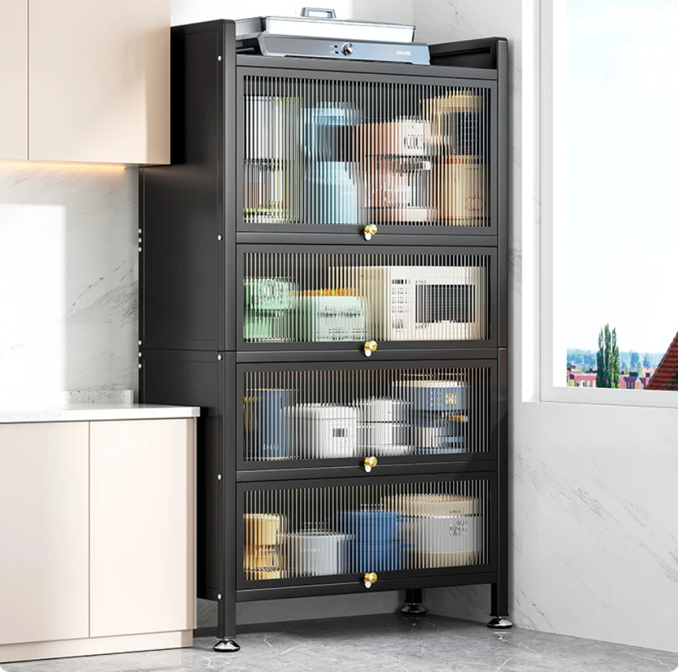 RESIGILAT - Dulap elegant pentru bucatarie, 4 rafturi, otel inoxidabil, usa cu geam cu deschidere verticala 80x32x144cm