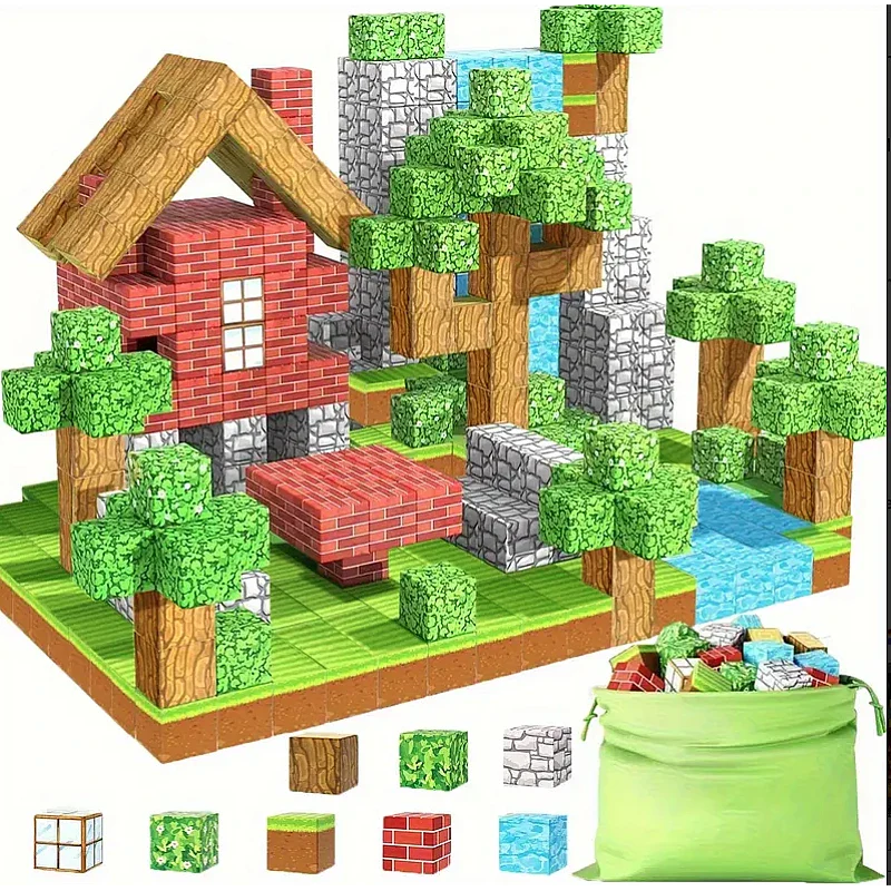 Blocuri magnetice de constructie 3D tip Minecraft, 2.5 cm, 75 piese