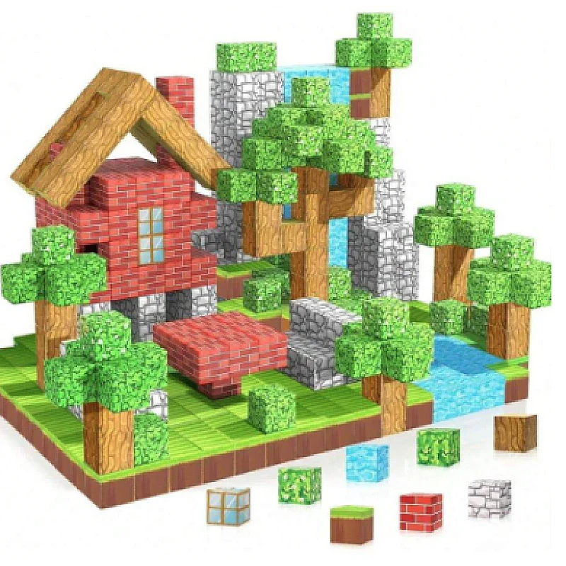 Blocuri magnetice de constructie 3D tip Minecraft, 2.5 cm, 75 piese