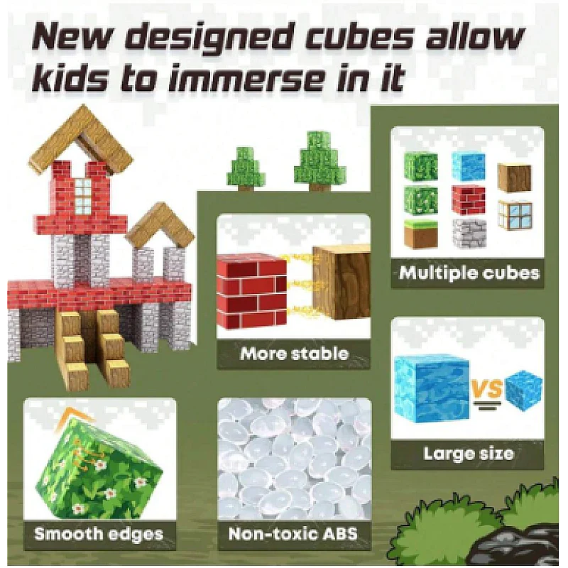 Blocuri magnetice de constructie 3D tip Minecraft, 2.5 cm, 75 piese