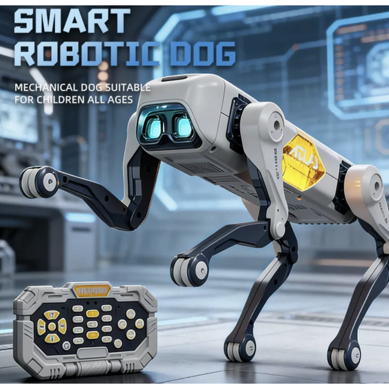 Catel robot inteligent RC, control telecomanda, aplicatie si comenzi vocale, functii AI, dans, lumini LED, gri