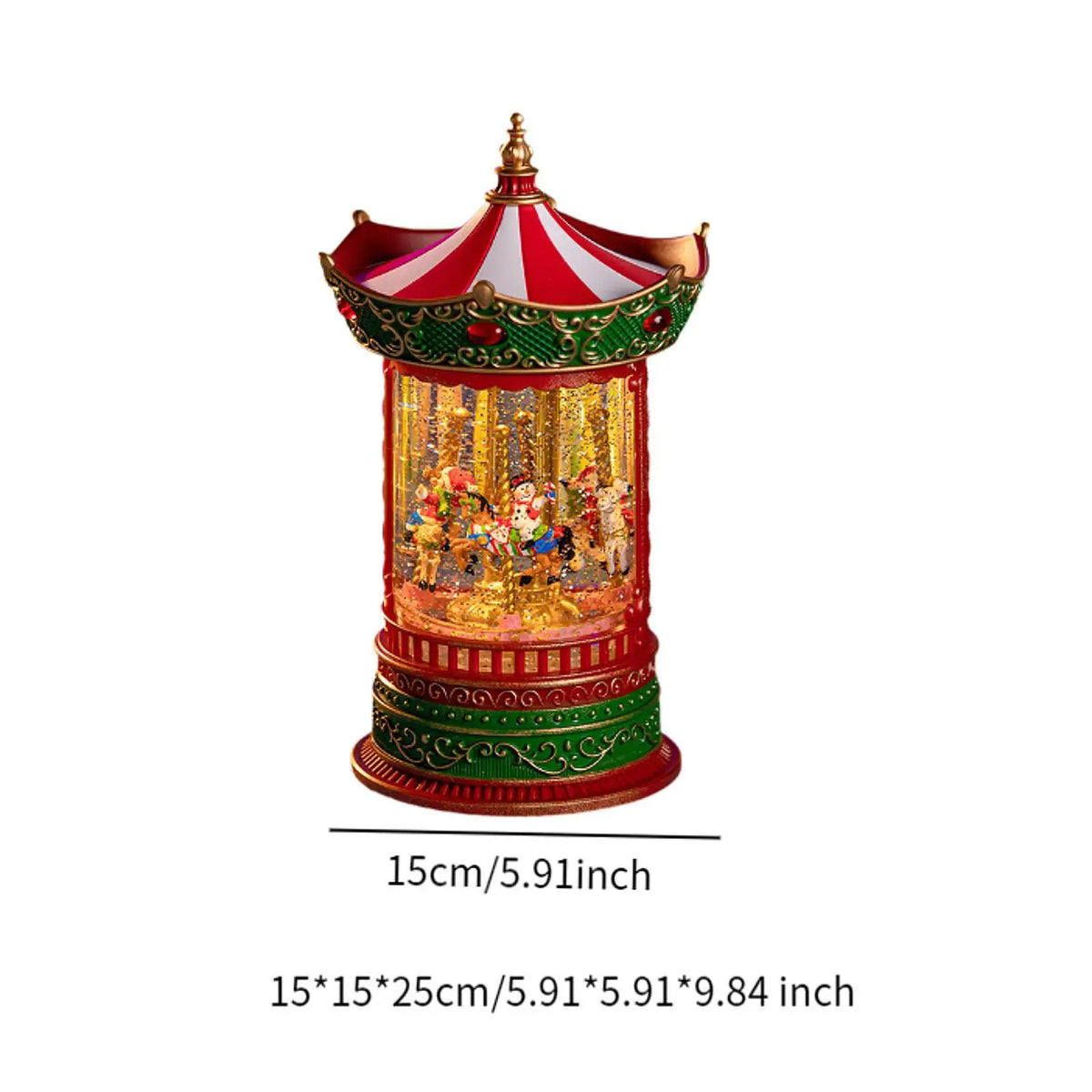 Glob de zapada muzical cu carusel de Craciun, premium,cu lumini LED, efect de ninsoare si figurine Mos Craciun si Om de Zapada