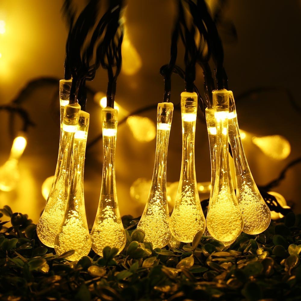 Instalatie LED solara, globuri picatura cristal, 10m, 30 LED, lumina galbena