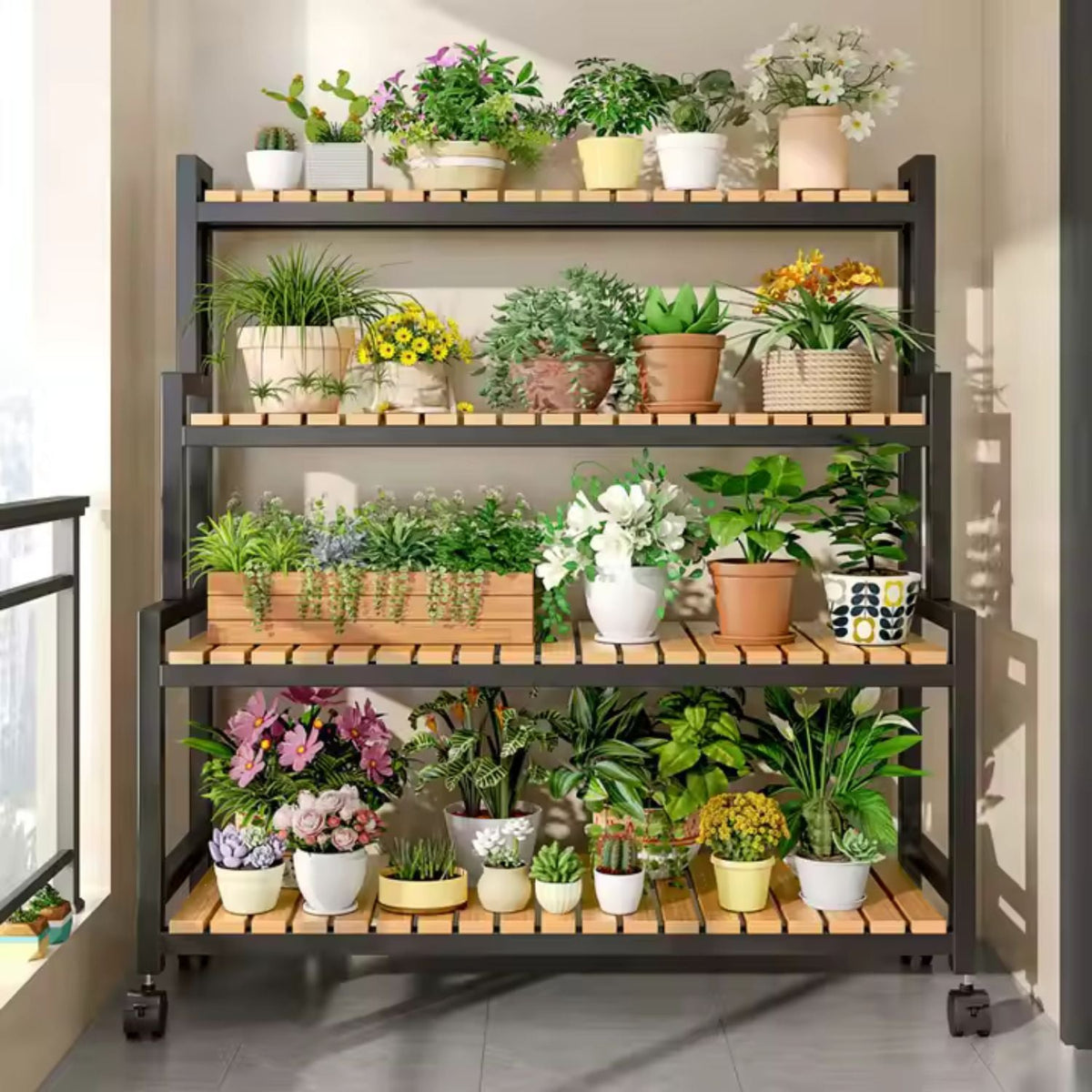 Etajeră plante cu 4 rafturi bambus și roți, cadru metalic – Negru, pentru interior/exterior, 145x48x10