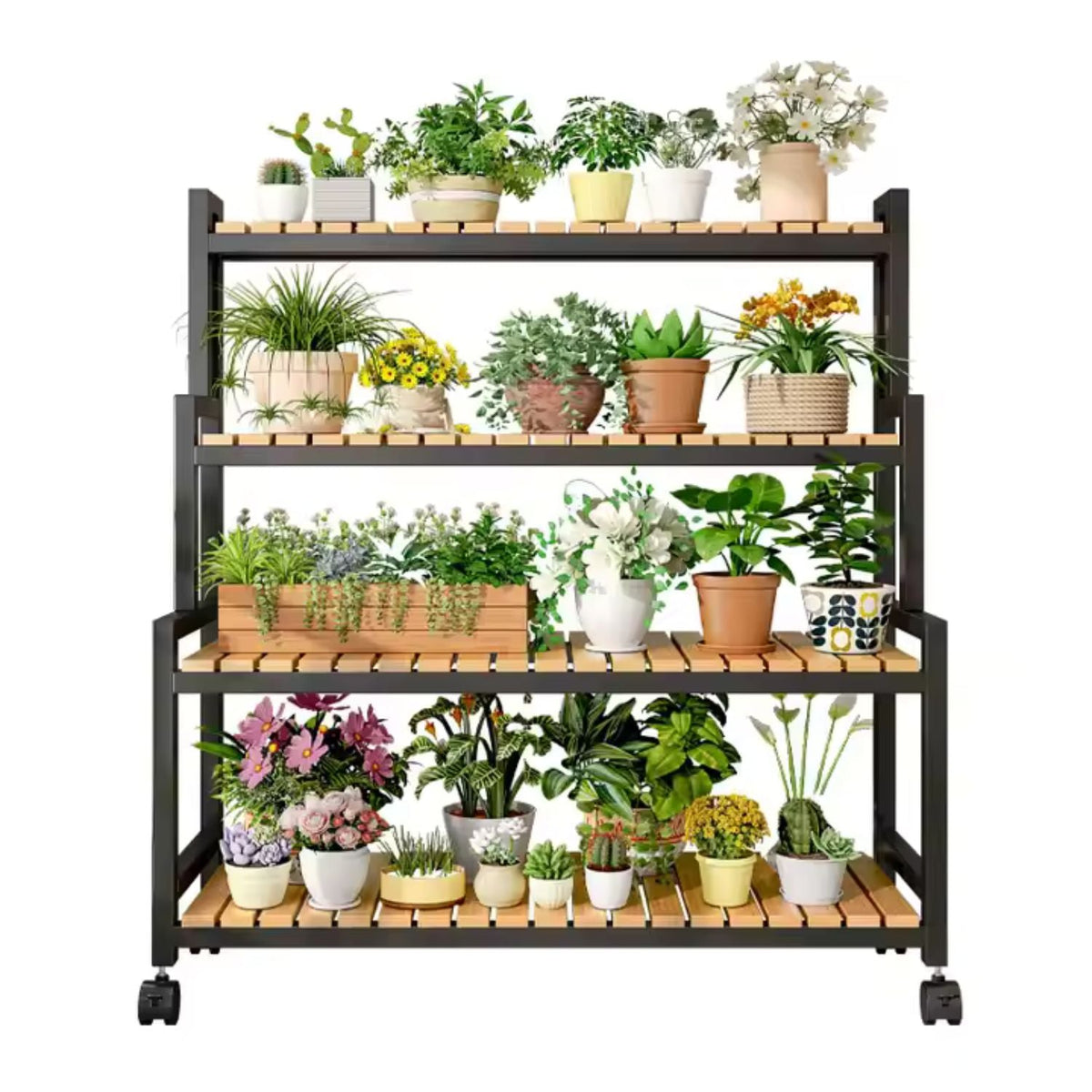 Etajeră plante cu 4 rafturi bambus și roți, cadru metalic – Negru, pentru interior/exterior, 145x48x10