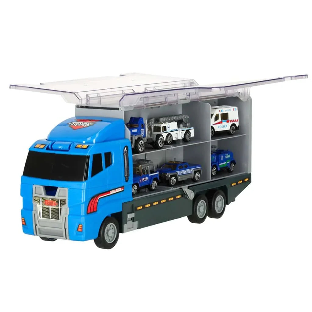 Camion Transport Masini Politie cu 6 Masinute Metalice Lansator Rampa si Compartimente Jucarie Copii