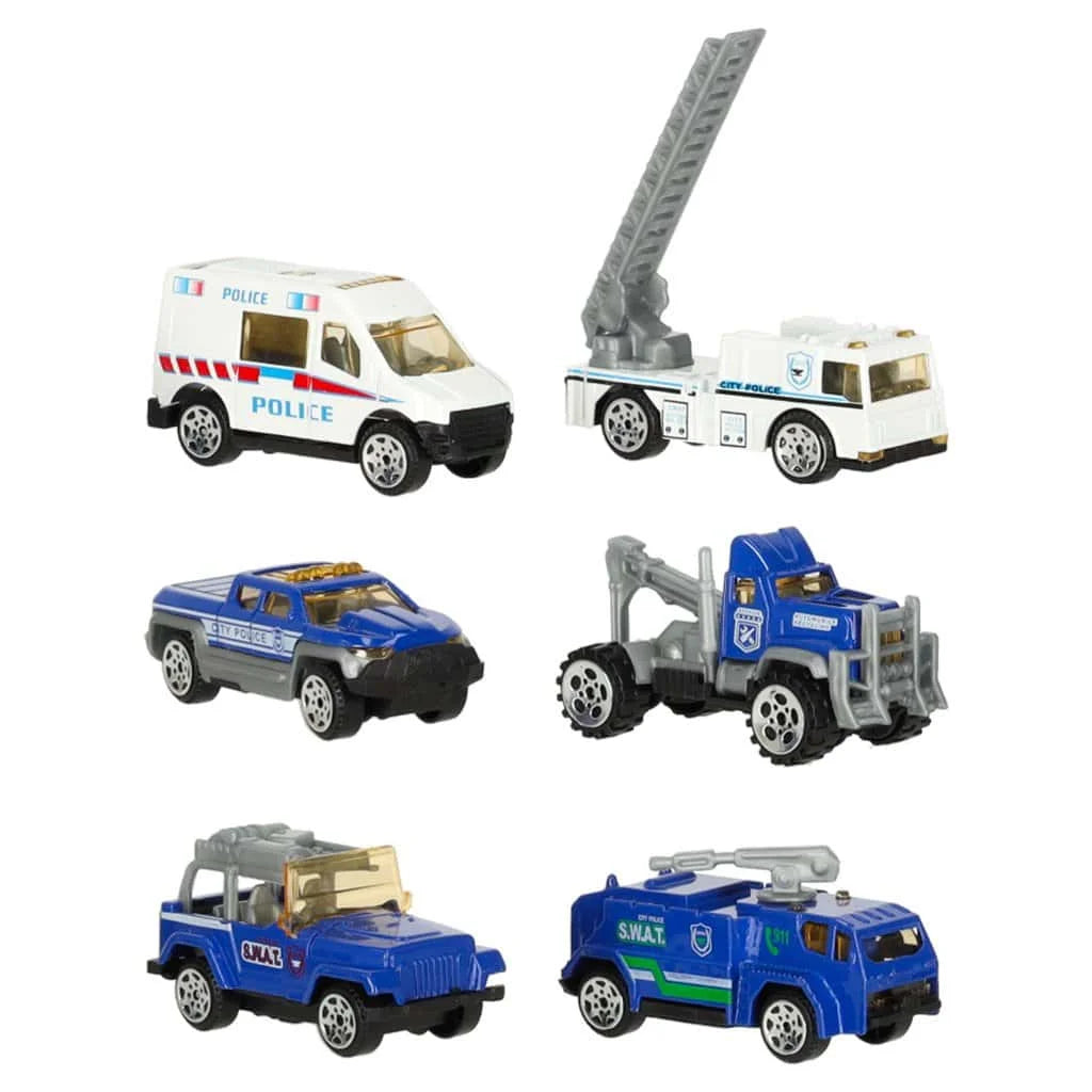 Camion Transport Masini Politie cu 6 Masinute Metalice Lansator Rampa si Compartimente Jucarie Copii