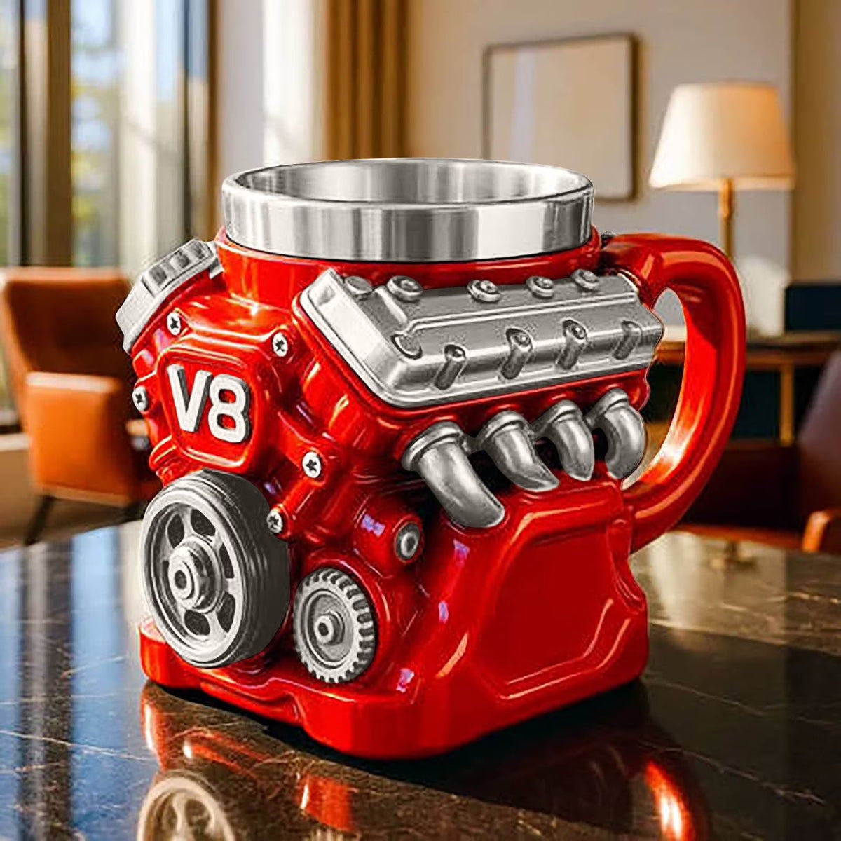 Cana V8 Engine 200 ml din otel inoxidabil cu design motor 3D mecanic