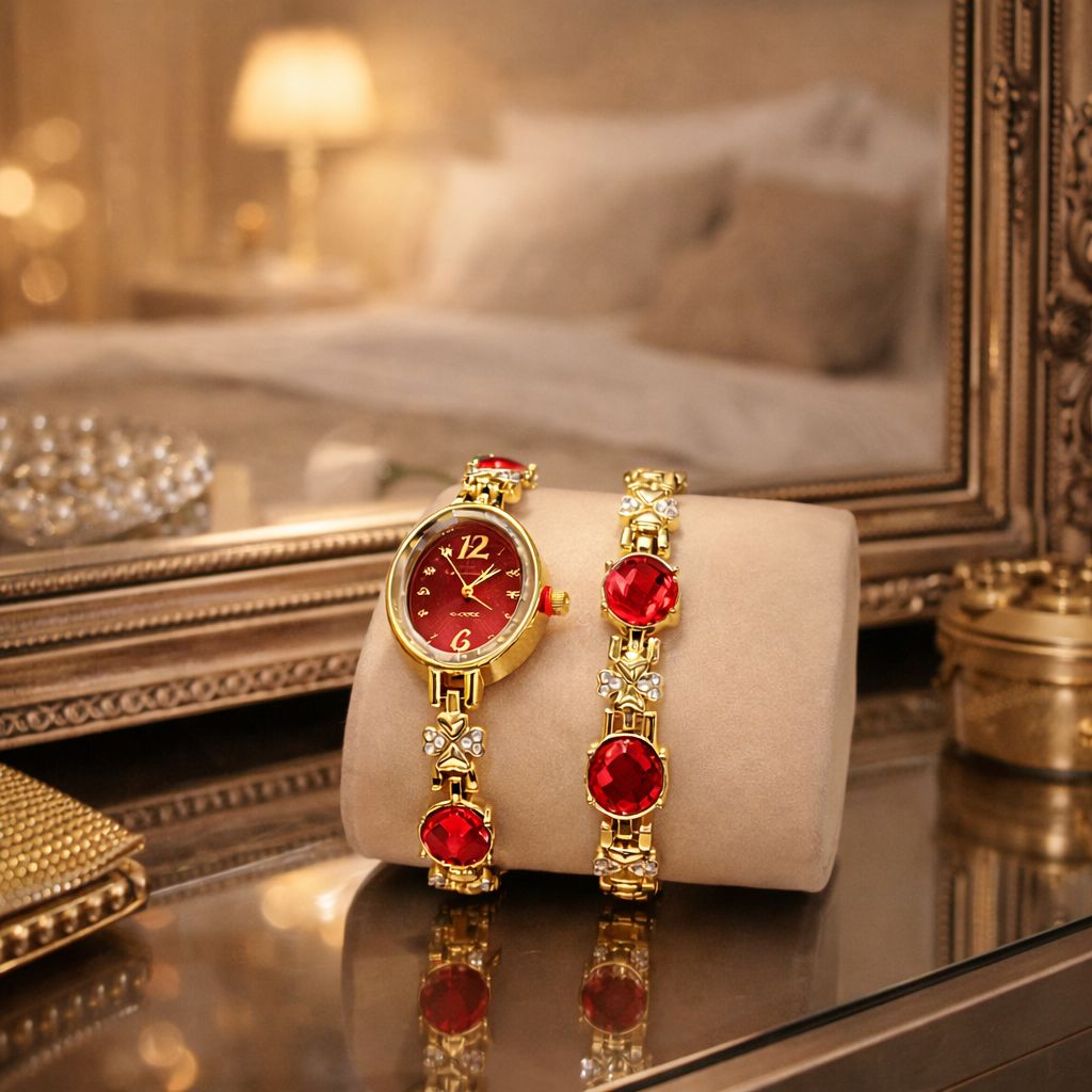 Set Ceas si Bratara pentru Dama, Finisaj Auriu cu Pietre Decorative, Elegant si Rafinat