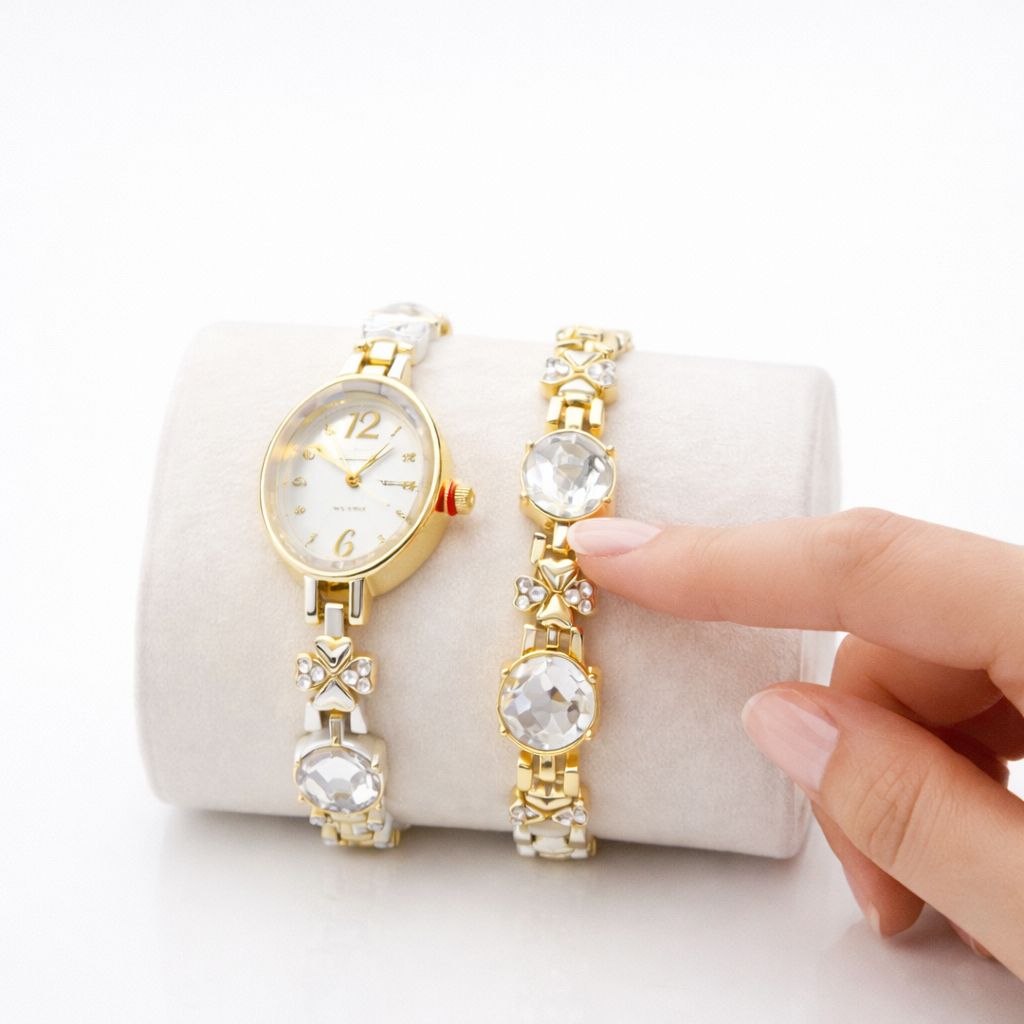 Set Ceas si Bratara pentru Dama, Finisaj Auriu cu Pietre Decorative, Elegant si Rafinat