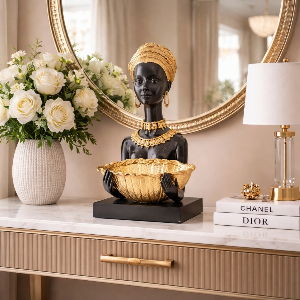 Statueta decorativa femeie africana cu bol auriu 22.5 x 11.3 x 27.5 cm