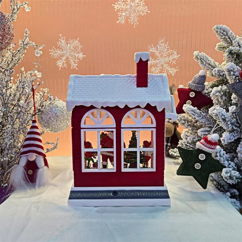 Decoratiune Craciun premium, scena Mos Craciun si spiridusi cu sclipici si muzica