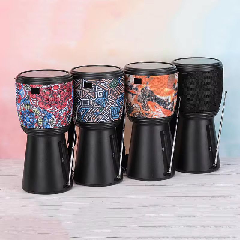 Boxa portabila bluetooth cu incarcare solara, design Darbuka, cu radio FM si lanterna, negru-inflorat