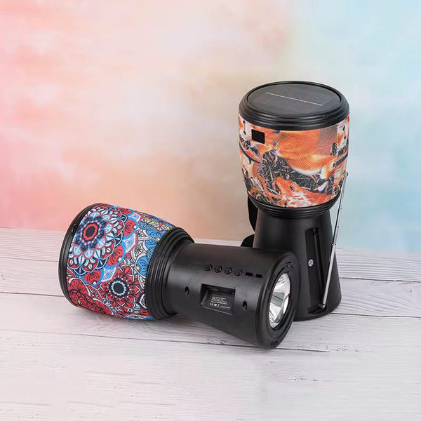 Boxa portabila bluetooth cu incarcare solara, design Darbuka, cu radio FM si lanterna, negru-inflorat