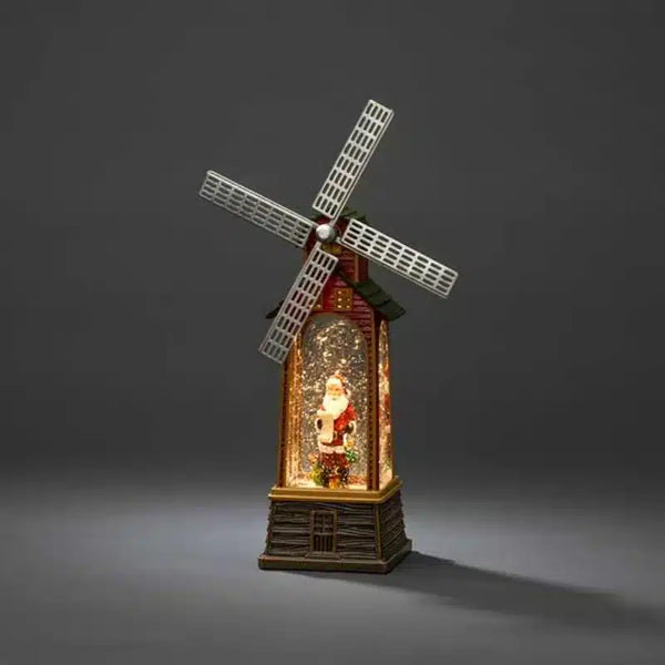 Decoratiune Craciun, Figurina Moara de Vant cu Mos Craciun, functie muzicala, zapada in miscare, cu baterii, Negru/Auriu, 3 Modele