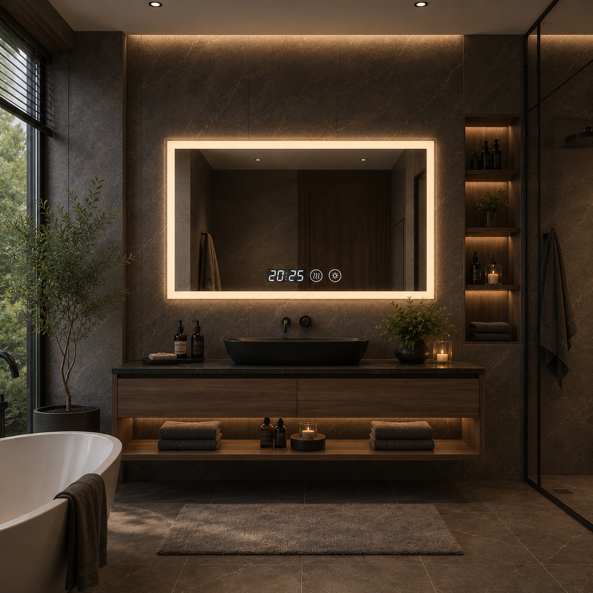 Oglinda LED cu Dezaburire Ceas Termometru 80x60cm Design Modern - detaliu produs