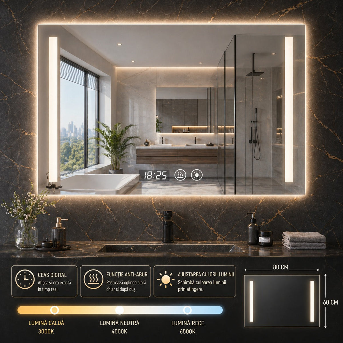 Oglinda LED 90x70 cm cu iluminare reglabila, antiaburire si ceas digital – design modern premium