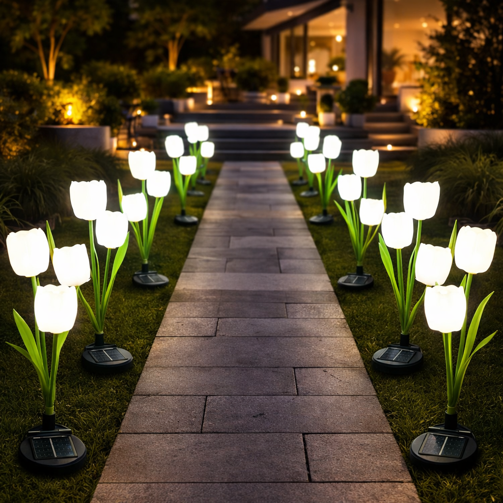 Set 2 lampi Solare Gradina Tip Lalea – 30 cm, 30 lm, Iluminare Alba