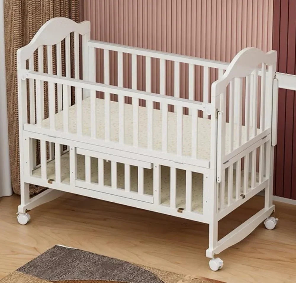 Patut bebelusi din lemn stil scandinav cu roti, laterale de protectie, set 5 piese si baldachin, alb 125 x 70 x 100 cm