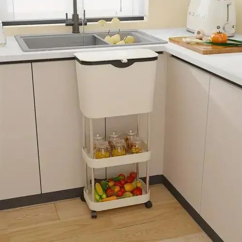 Carucior multifunctional cu cos de gunoi, 3 niveluri cu roti 360°, 78.5 x 24 x 17 cm