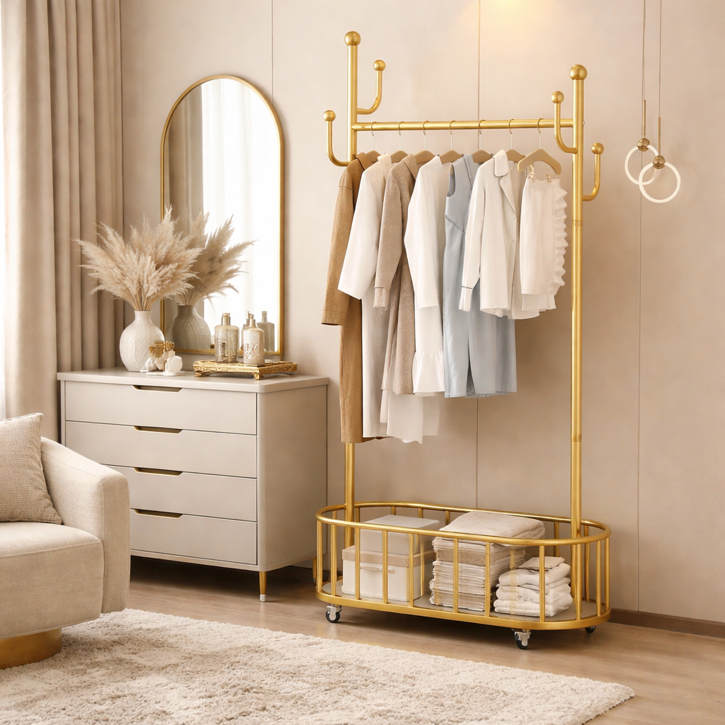 Suport haine metalic cu roti si cos de depozitare, finisaj auriu, 80x32x173 cm