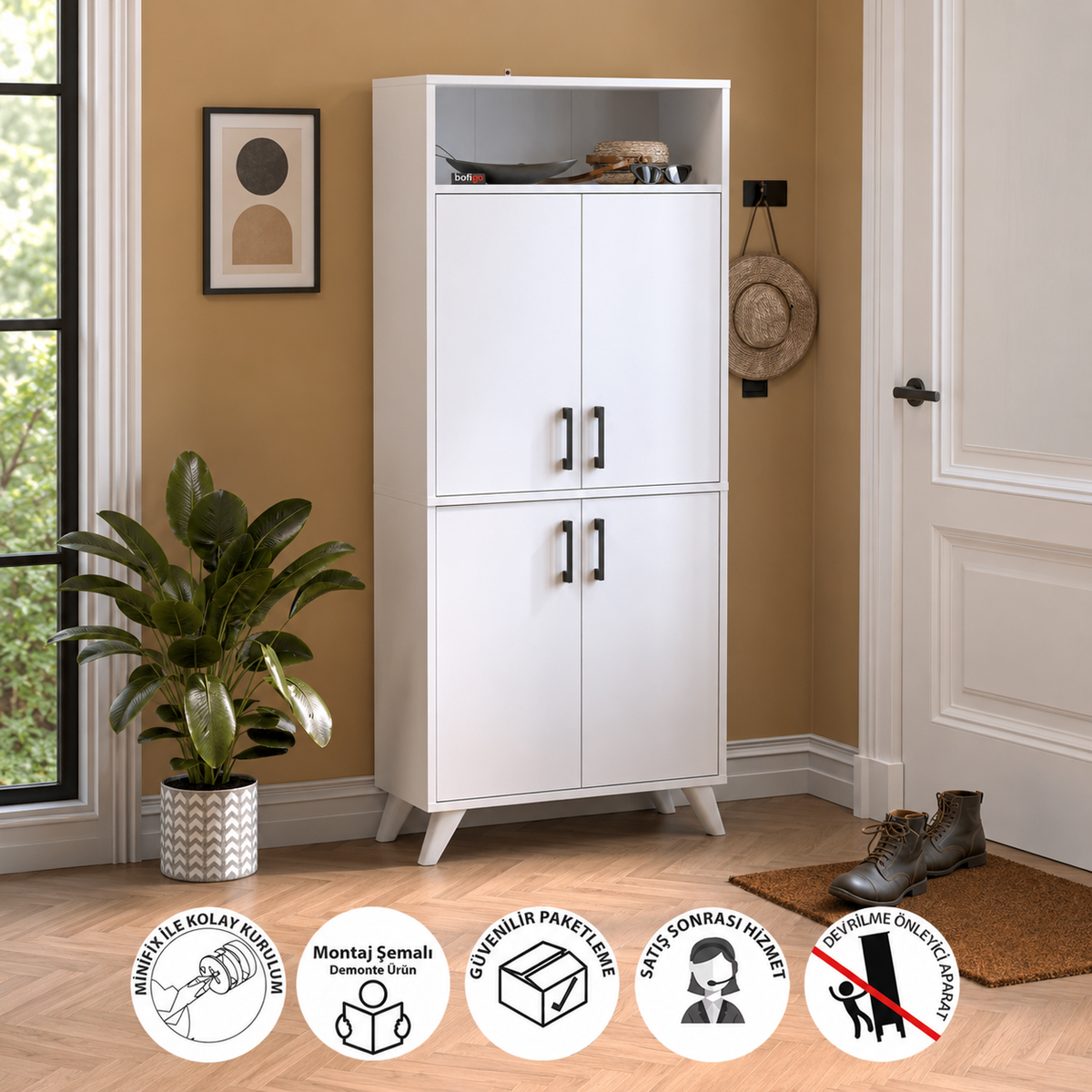 Pantofar modern 72x32x170 cm, cu 4 usi si 9 rafturi, pentru hol, intrare sau depozitare incaltaminte