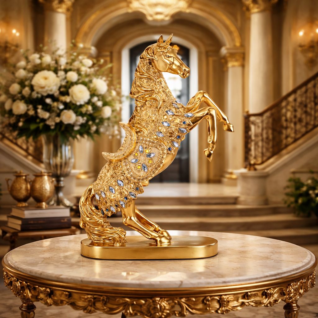 Statueta decorativa Cal cabrat – finisaj auriu / argintiu premium, 27 x 12 x 38.5 cm