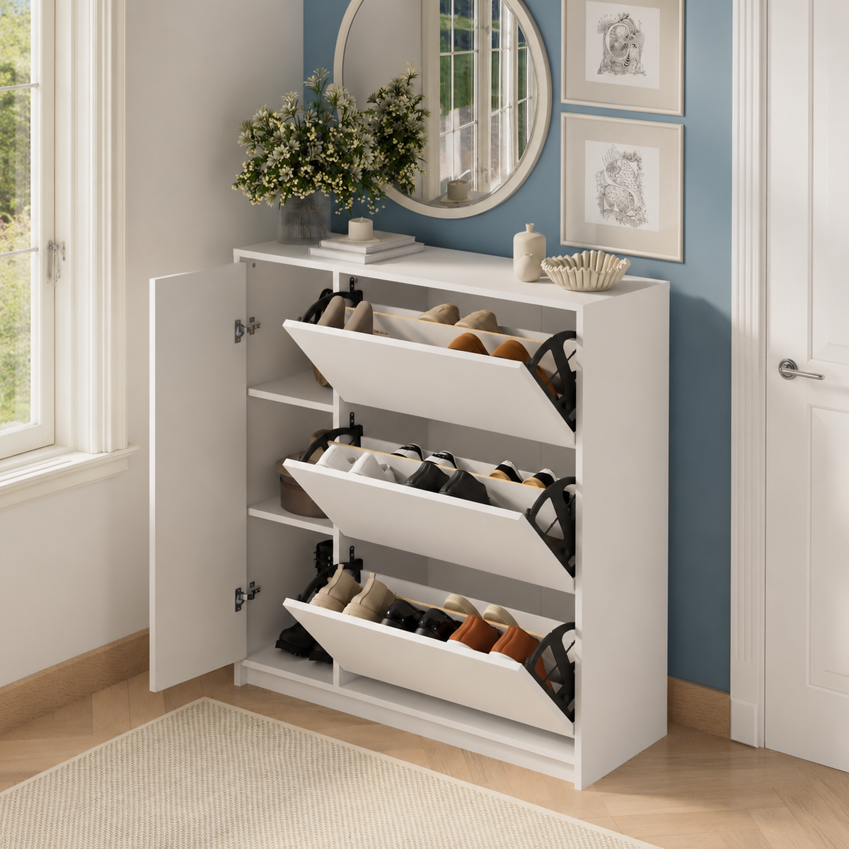 Pantofar Gizem cu usi basculante, dulap pantofi 105.2 x 35.4 x 116.5 cm capacitate 12-16 perechi, mobilier hol compact, PAL melaminat 18 mm clasa E1, mecanism flip-down pentru acces rapid, stil modern scandinav