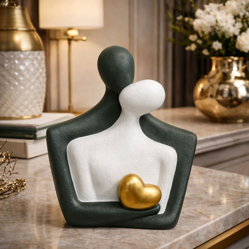 Statueta decorativa cuplu abstract imbratisat cu inima aurie din ceramica