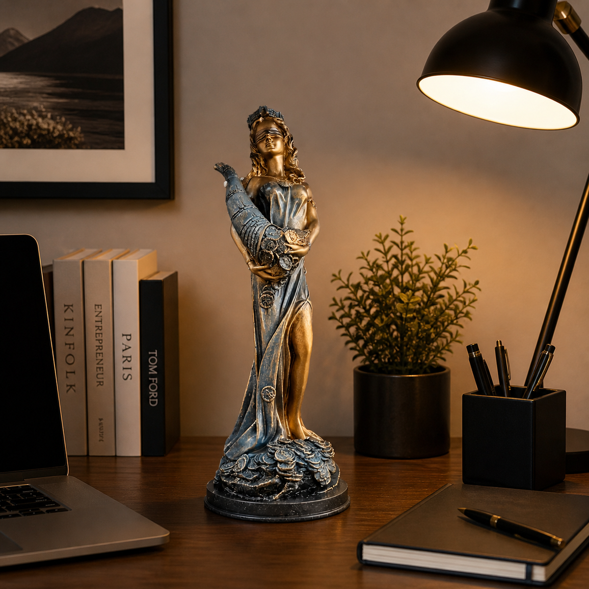 Statueta decorativa Zeita Prosperitatii cu Cornul Abundentei simbol al bogatiei si belsugului 35 x 11 x 11 cm