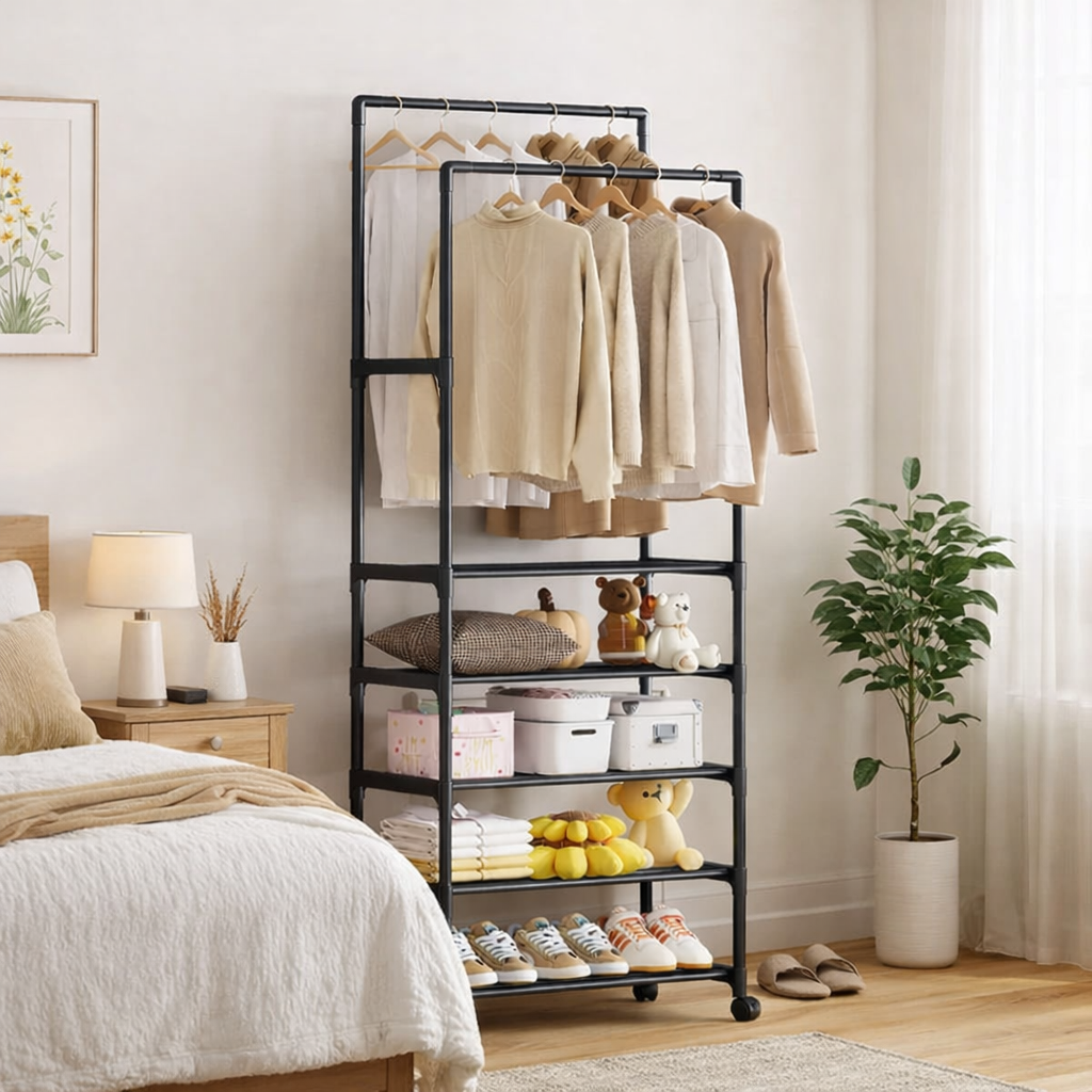 Suport multifunctional haine si incaltaminte cu rafturi si bara umerase 185x56x30 cm