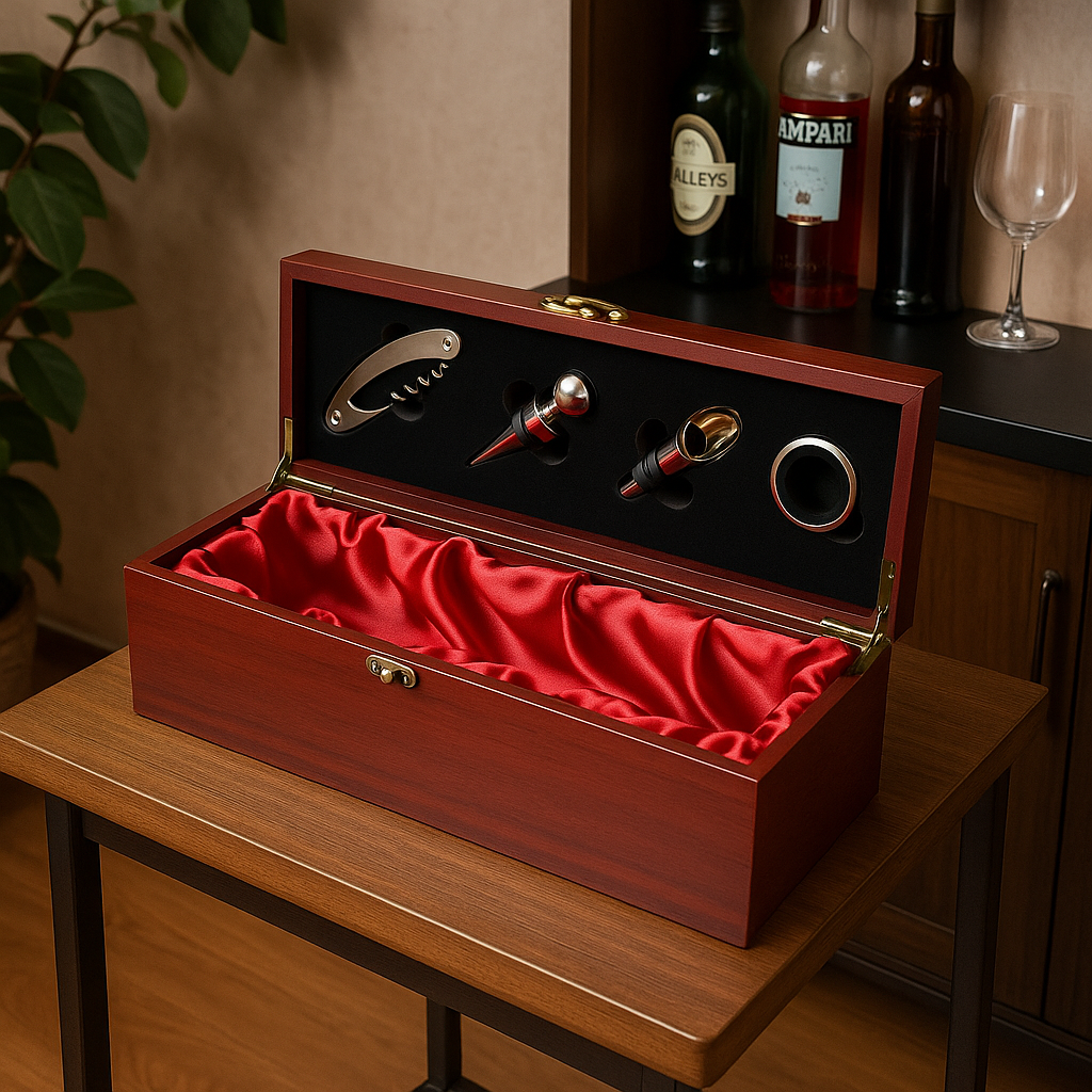 Set Cadou Cutie din Lemn pentru Sticla de Vin cu Accesorii – Elegant si Premium