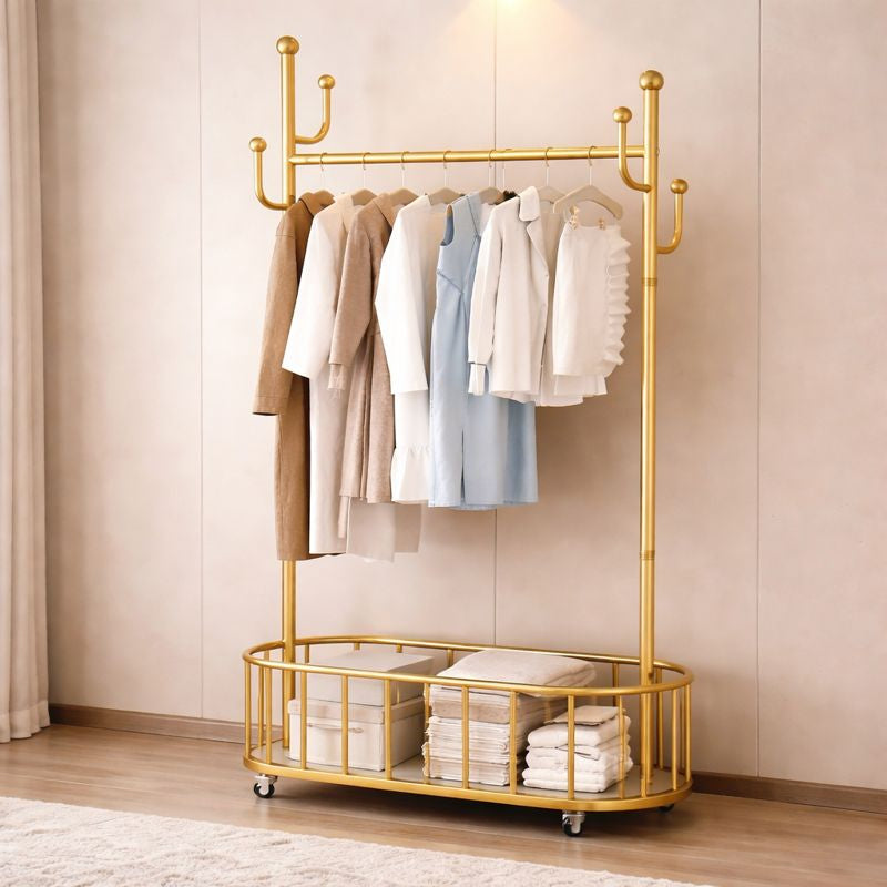 Suport haine metalic cu roti si cos de depozitare, finisaj auriu, 80x32x173 cm