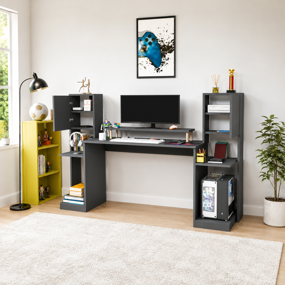 Birou gaming Throne antracit cu rafturi și dulapuri, 183 x 45 x 120 cm - imagine principala