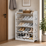 Raft pantofi din lemn, alb, cu 5 niveluri, design traforat, 90 x 24 x 62 cm