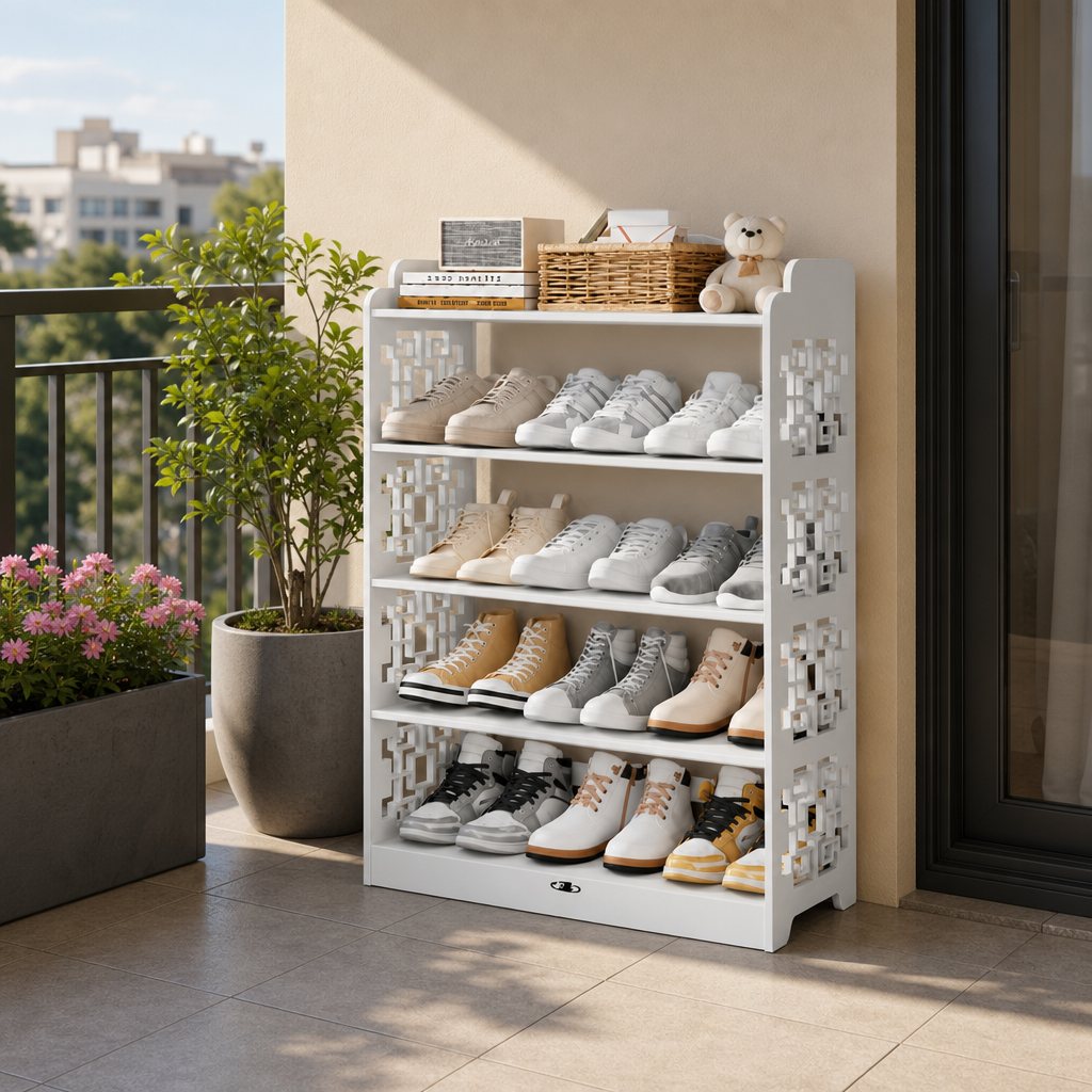 Raft pantofi din lemn, alb, cu 5 niveluri, design traforat, 90 x 24 x 62 cm - in context de utilizare