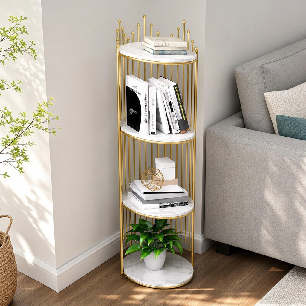 Etajera decorativa rotunda cu 4 niveluri, cadru auriu si polite albe, 32 x 32 x 95 cm - in context de utilizare